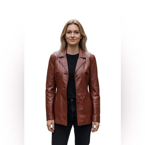 VTG 100% Leather Short Trench Coat Sz 9/10 Burgundy Zip Out Lining Pockets Retro - Picture 1 of 10